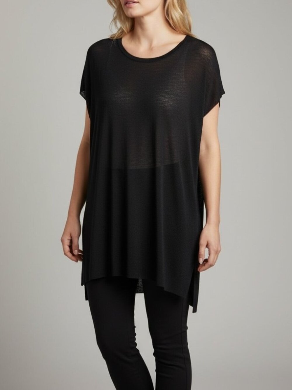 Eileen Fisher Black Linen Blend Tunic Sweater Lightweight Sheer Oversized Size M